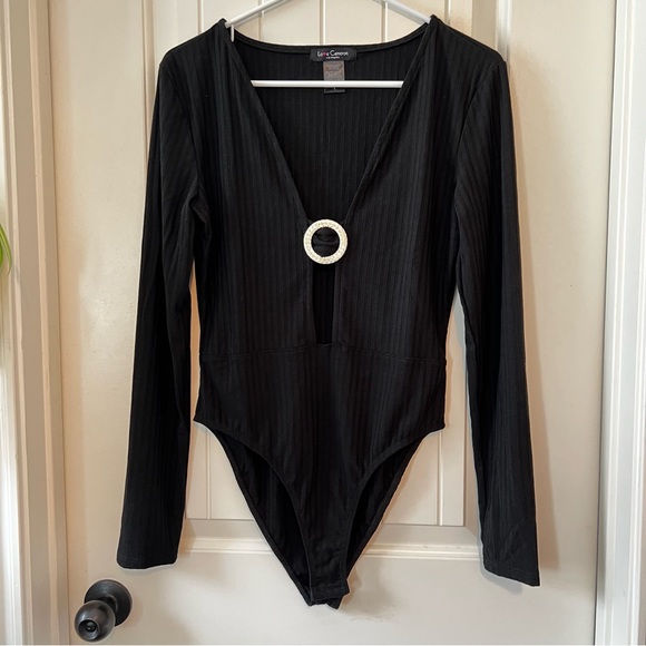 Love Cameron Black Long Sleeve Deep V-Neck Embellished Bodysuit Snap Chic comfy - Picture 2 of 11